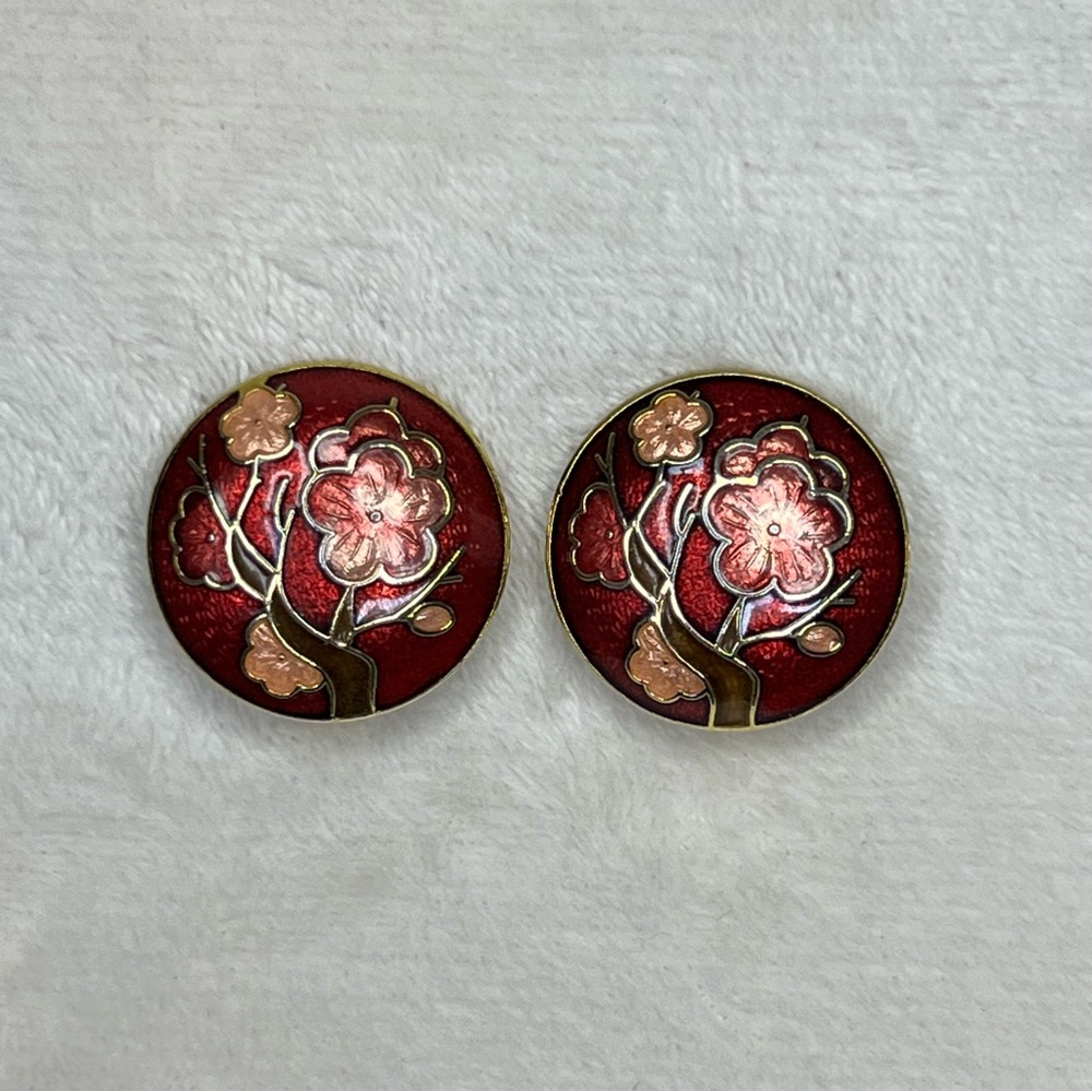 Vintage Cloisonné Cherry Blossom Clip On Earrings